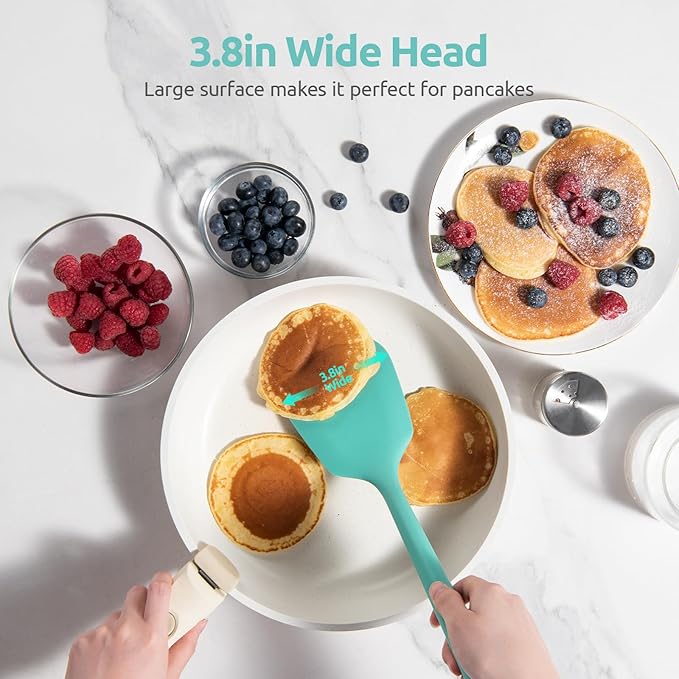 U-Taste 600ºF Heat Resistant Silicone Turners: 13.6in Long Solid & Slotted Kitchen Spatula Flipper, Wide and Large Flexible Cooking Utensil for Flipping Egg, Pancake, Cookie (Aqua Sky, 2PCS)