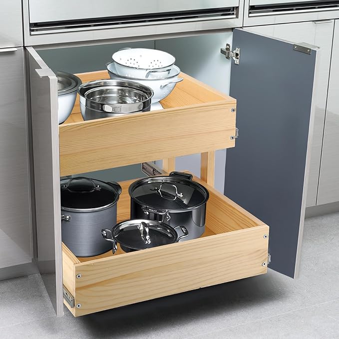 Mulush Pull Out Cabinet Organizer, 26''W×21''D×16''H Soft Close Slide Out Wood Drawer Shelves Storage for Kitchen, 2-Tier, Finished, Heavy-Duty, Bottom Assembly