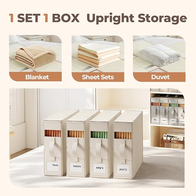 4Pack Linen Sheet Organizers and Storage - King/Queen Size Sheet Storage Organizer with Window, Foldable & Dustproof Sheet Organizer for Linen Closet for Summer Blankets & Sheet Sets,Off-white