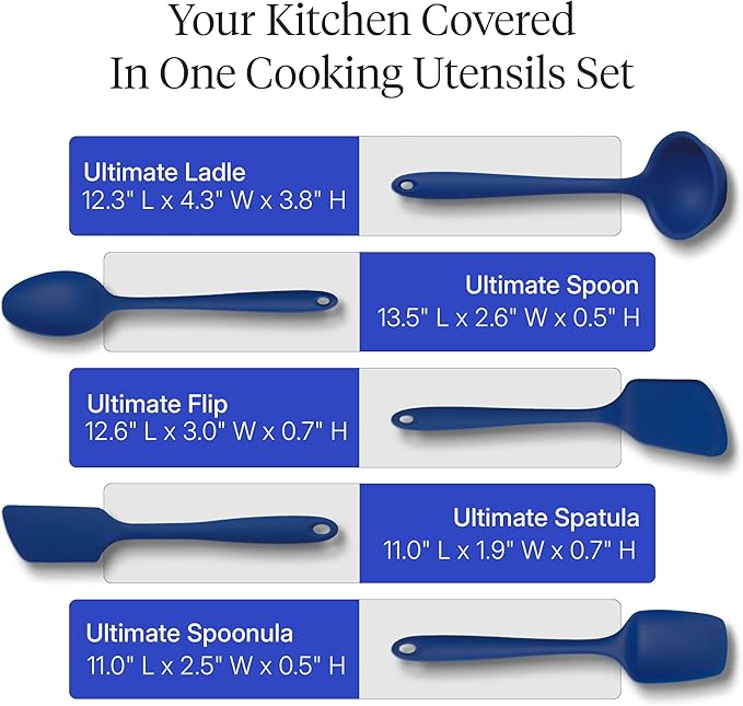 GIR: Get It Right 5-Piece Silicone Ultimate Kitchen Utensils Set - Ladle, Spatula, Flip, Spoon & Spoonula - Non-Toxic Cooking Utensils for Nonstick Cookware, Cooking and Baking - Navy
