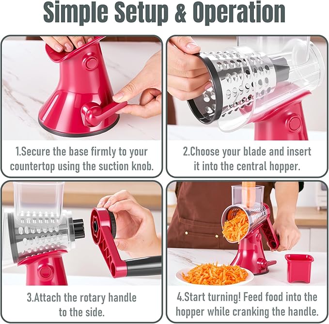 Rotary Cheese Grater with Handle - 3 in 1 Vegetable Slicer Shredder, Kitchen Mandoline with 3 Premium Stainless Steel Blades & Strong Suction Base, Easy Clean Food Chopper for Cheese Vegetables Fruits