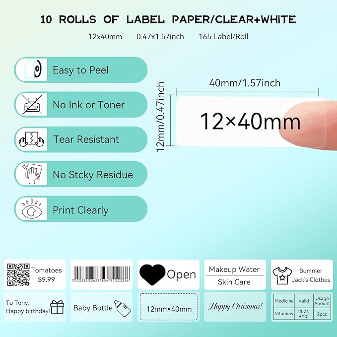 EEBBL D30 P15 HP4 Label Maker Tape 12mm 0.47 Laminated White, Works with Most Non-Encrypted Portable Label Printers，for Home, Office & Small Business 160 Labels/Roll, 5 Rolls White,5Rolls Clear