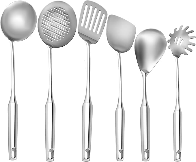 SATTUWARE 6 Pc Stainless Steel Cooking Utensils Set with Ergonomic Handles – Heat Resistant Kitchen Tools Includes Slotted Spatula, Skimmer Ladle, Spatula, Serving Spoon, Pasta Spoon Ideal for Cooking