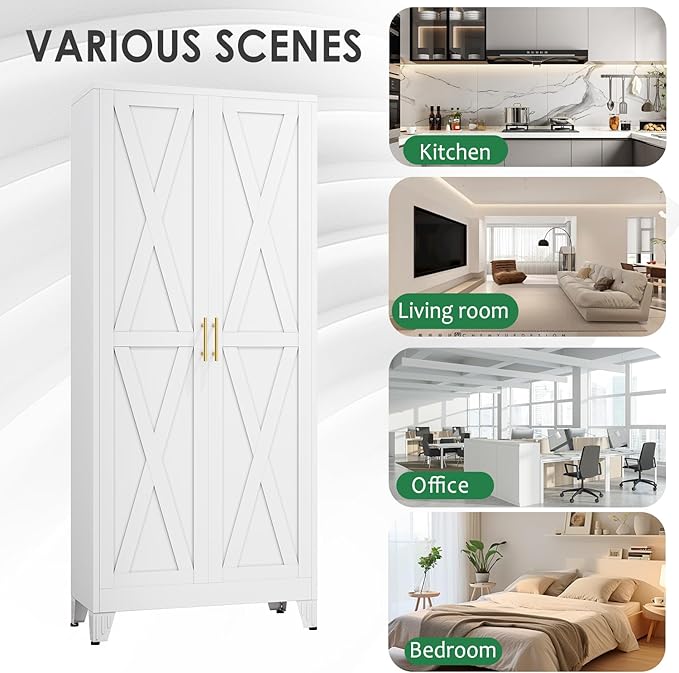 71" Tall Kitchen Pantry Cabinet, Metal Storage Cabinet with 2 Doors and 4 Adjustable Shelves, White Food Pantry Cupboard for Kitchen, Dining Room, Living Room and Bathroom (White)