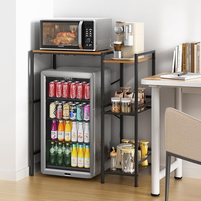 Mini Fridge Stand with Storage Shelves, Upgraded 3-Tier Mini Fridge Cabinet Stand Baker Rack for Microwave Coffee Maker Sturdy Metal Wood Desk Fits Dorm,Kitchen, Apartment, 33.4Wx15.7Dx37.2H, Brown