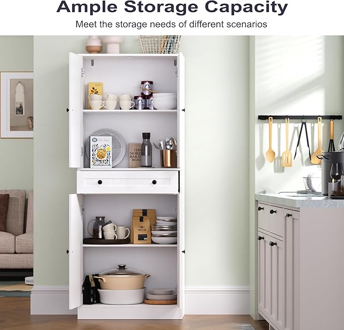 Furnify Kitchen Pantry Storage Cabinet, 71" H Farmhouse Pantry Cabinet with 4 Doors & Drawer, Freestanding Cupboard with Adjustable Shelves, Rustic Wood Cupboard for Kitchen, Dining Room, White