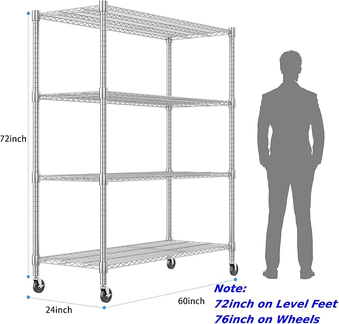 Homdox Heavy Duty Metal Shelves for Storage, 4 Tier Storage Racks and Shelving, Commercial Adjustable Wire Shelving Unit on Wheels, Garage Rack Pantry Shelves Kitchen Shelving, 24"x60"x72", Chrome