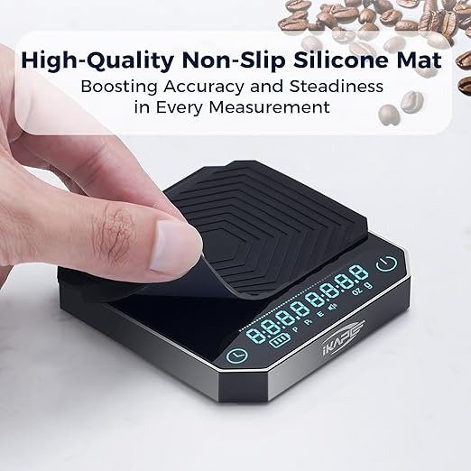 IKAPE Digital Coffee Scale with Timer, 0.1g High Precision Espresso Scale, 2kg Capacity, Waterproof Rechargeable Aluminum Alloy Coffee Scale with Auto Tare & Silicone Pad