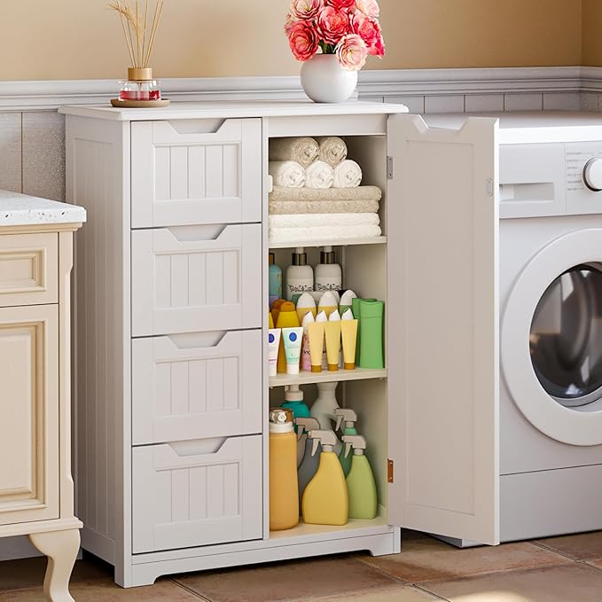 Gizoon Small Pantry Storage Cabinet with Door and Shelves, 33'' Kitchen Pantry Freestanding Wooden Bathroom Storage Cabinet with 4 Drawers for Kitchen and Dining Room, White