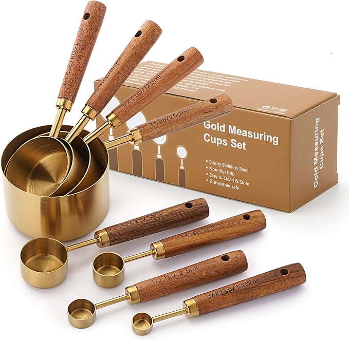 SHIKORI Gold Measuring Cups and Spoons Set with Wood Handles, Premium Stainless Steel Measuring Spoons and Measuring Cups Set-Gold