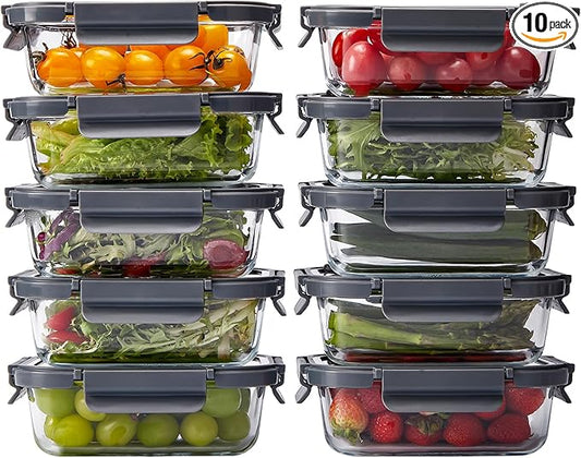 Spreccio Glass Food Storage Containers with Lids, 10 Pack of 21oz, Glass Meal Prep Container with Airtight Lids, Microwave Safe Food Container Set, BPA Free, LeakProof, Ideal for Lunch
