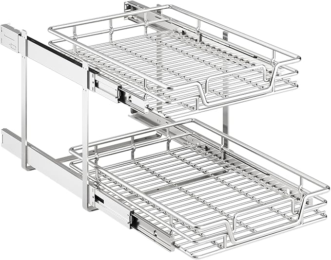 QUYUWU 2-Tier Kitchen Cabinet Pull Out Shelf and Drawer Organizer Slide Out Pantry Storaqe Basket in Multiple Sizes (19" W x 21" D)