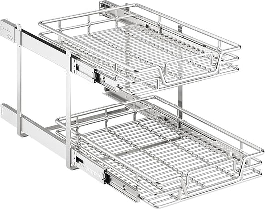 QUYUWU 2-Tier Kitchen Cabinet Pull Out Shelf and Drawer Organizer Slide Out Pantry Storaqe Basket in Multiple Sizes (19" W x 21" D)
