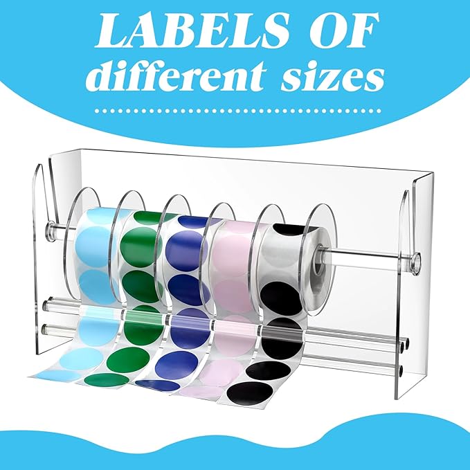 Qilery Adjustable Label Dispenser Acrylic Roll Sticker Dispenser Sticker Holder Organizer Label Stand for Holding Office and Home(9 Disks)