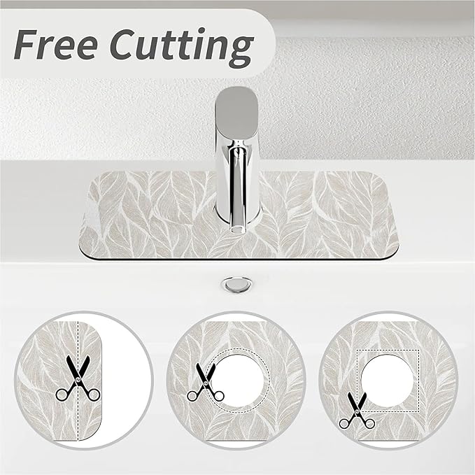 Kitchen Sink Splash Guard，White and beige leaf Faucet Mat Sink Gadgets-Super Absorbent Fast Drying Mat Drip Catcher for Kitchen, Bathroom,Sink Mat, Dish Drying Mat, Bathroom(15" X 5.5" )