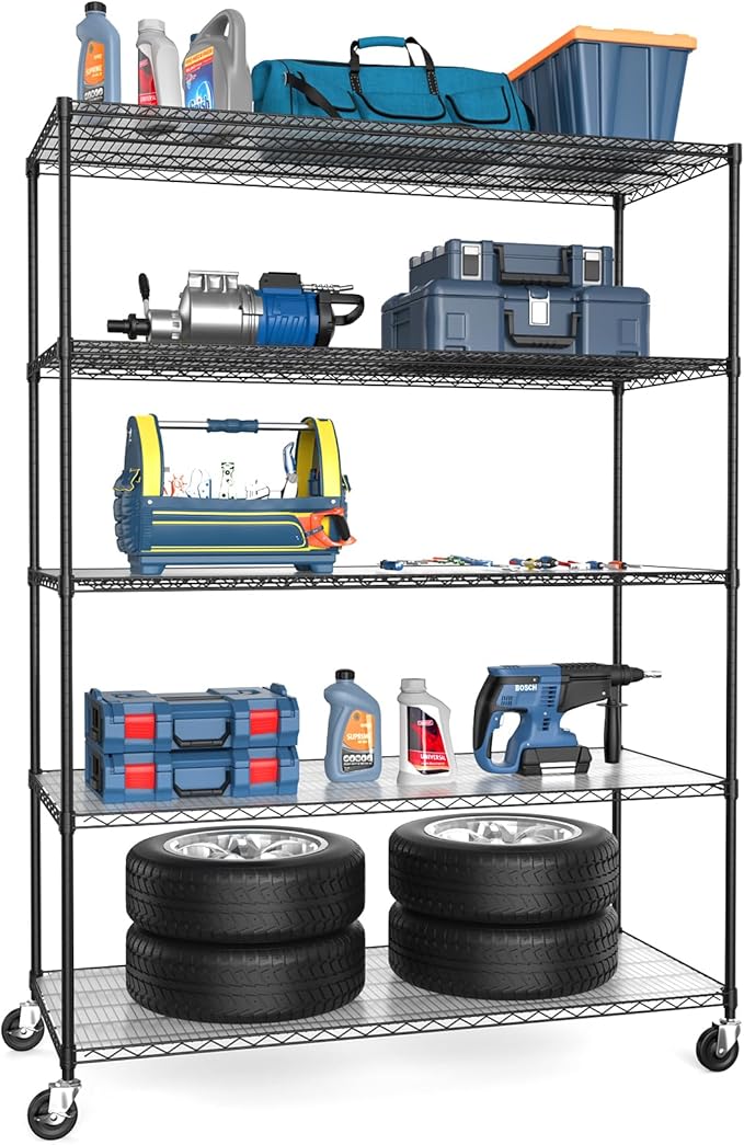 5 Tier NSF Wire Shelf Shelving Unit, 24 x 60 x 82 Inch 7500lbs Capacity Heavy Duty Adjustable Storage Metal Rack with Wheels/Leveling Feet & Shelf Liners, Ideal for Garage, Kitchen, and More - Black