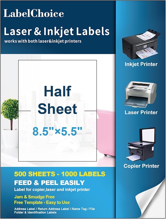 500 Sheets 1000 Pcs Self Adhesive 8.5" x 5.5" Half Sheet Shipping Labels for Laser & Inkjet Printers, 5-1/2 x 8-1/2 2 Up Half Page Shipping Mailing Labels, 2 per Page Shipping Labels