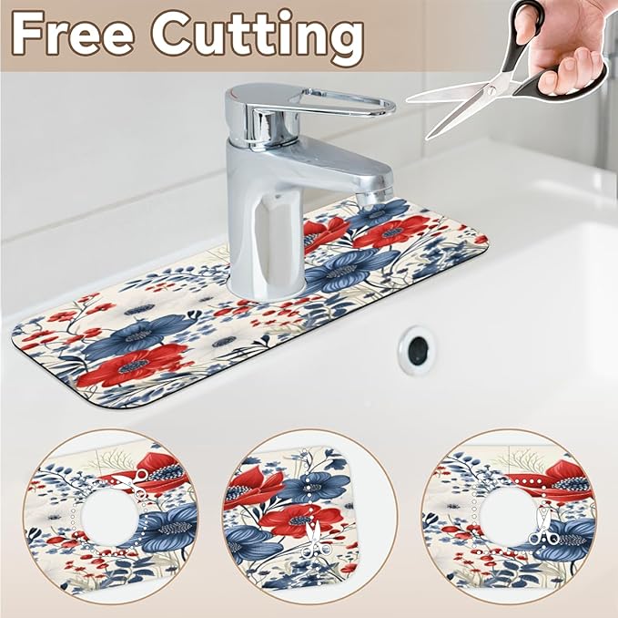 Patriotic Bloom Burst Kitchen Faucet Mat Splash Guard, 15.4”x5.7” Absorbent Quick Drying Sink Mat for Countertop Protection, Draining Mat Sink Protectors For Kitchen Bathroom, 2 Pack