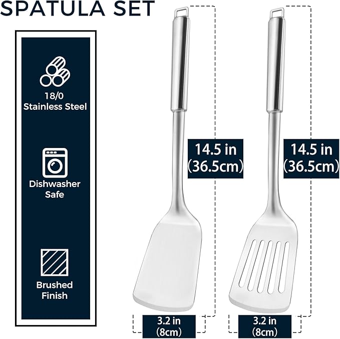 MUJINON 14.5-in Stainless Steel Spatula Set, 18/0 SS Heavy Duty Turner & Slotted Spatula for Kitchen Use, Cast Iron Grilling Frying, Pack of 2