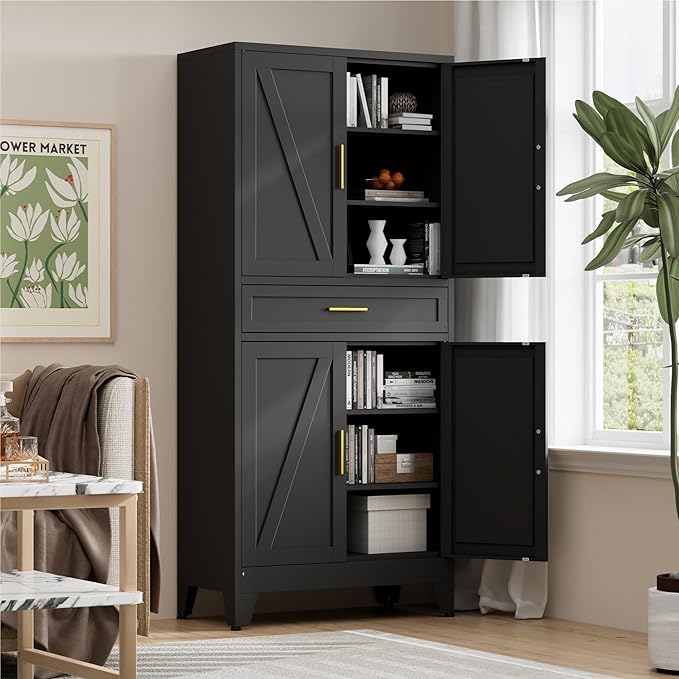 LCAOPC 71" Tall Pantry Storage Cabinet with Drawer and Adjustable Shelves, Freestanding Tall Kitchen Cupboard Storage Cabinet for Kitchen,Dining Room, Living Room, Black