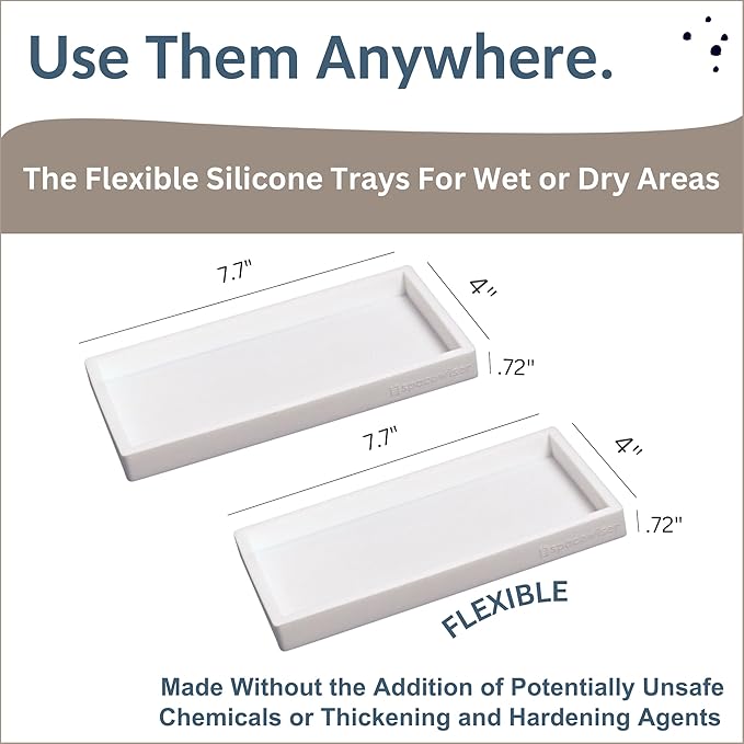 Spacewiser Countertop and Vanity Tray - 2 PC Small 7.7" Silicone Bathroom Trays, Kitchen Soap Tray, Dish Sponge Soap Holder Kitchen Sink Organizer Caddy, Bathroom Counter Trays for Lotion Dispenser