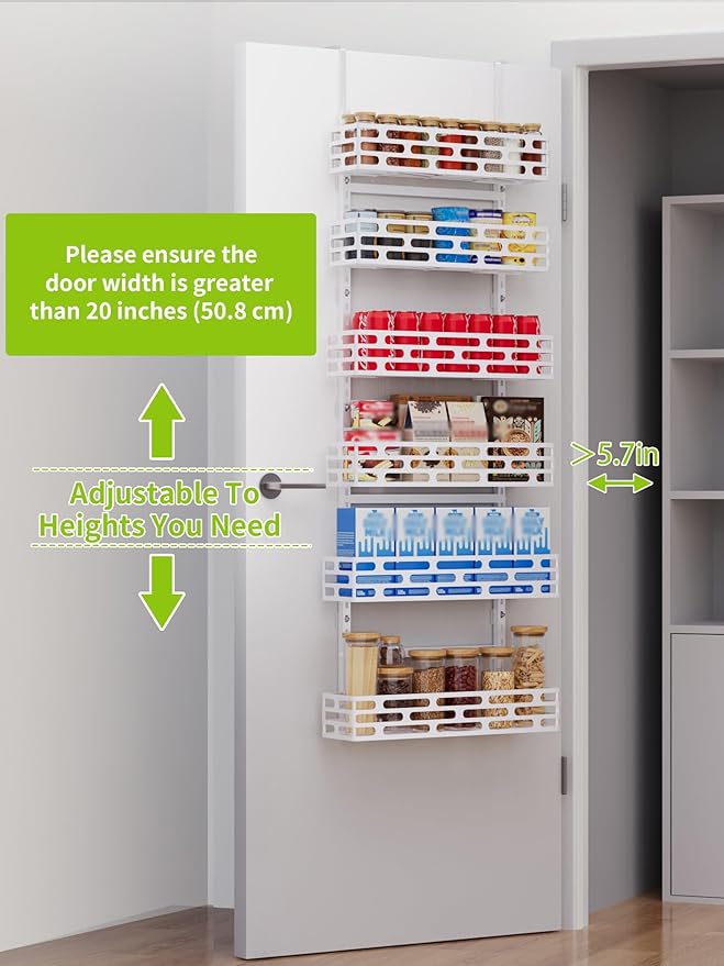 Over the Door Pantry Organizer - 6 Tier Adjustable Pantry Organization and Storage, Hanging Basket Wall Spice Rack Seasoning Shelves, Home & Kitchen Bedroom Bathroom, White