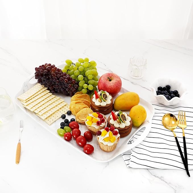 TP Large Serving Trays with Handles, 19" x 12" Melamine Serving Platters for Food, Turkey, Set of 2 Rectangular Trays for Party, White Marble