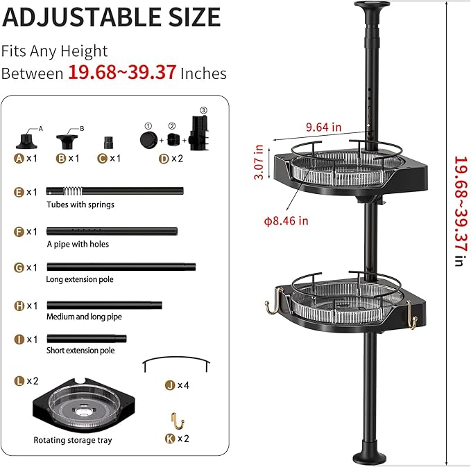 Kitchen Tension Pole Caddy, 19-39 Inch Adjustable No Drilling Countertop Organizer, 2 Tier 360 Rotating Corner Spice Rack for Salt with 2 Hooks for Kitchen, Spice Rack, Coffee Area(Black)