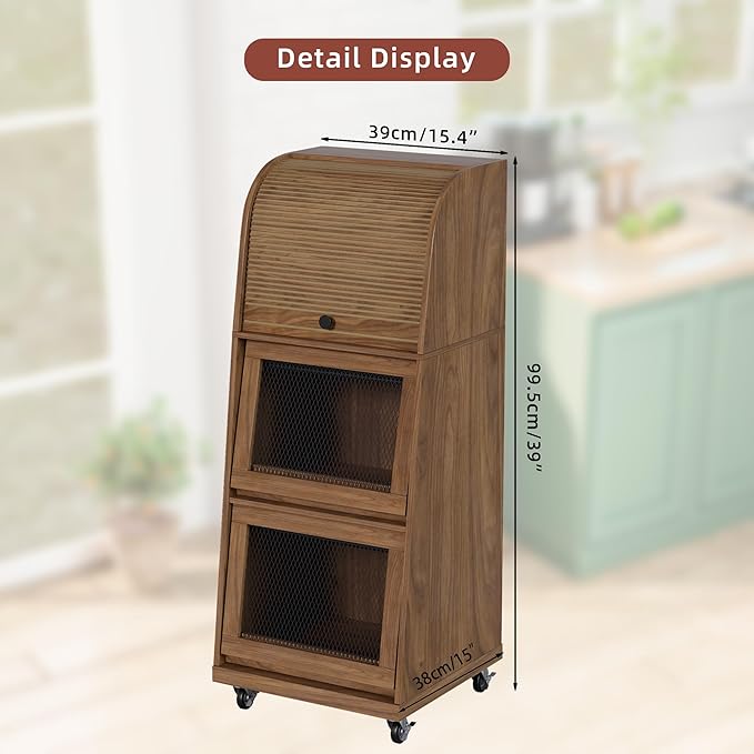 Movable Potato and Onion Storage Bins Box, Mid Century Modern Fruit and Vegetable Basket Storage with Sliding Door and Wheels, Food Kitchen Pantry Cabinet, Wooden Bread Storage, Walnut, Flip-top