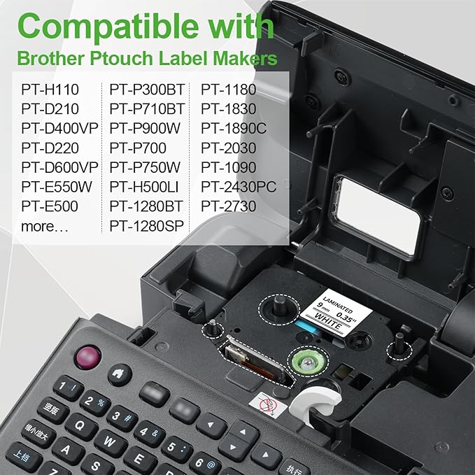 Labelife 6-Pack TZe TZ Tape 9mm 0.35 Laminated White Label Tape TZe-221 Replace for Brother P Touch 9mm Label Tape TZe221 TZ221 for Brother Label Maker PT-D210 PT-D220 PT-H110 PT-D400 PT-D610BT PTD200
