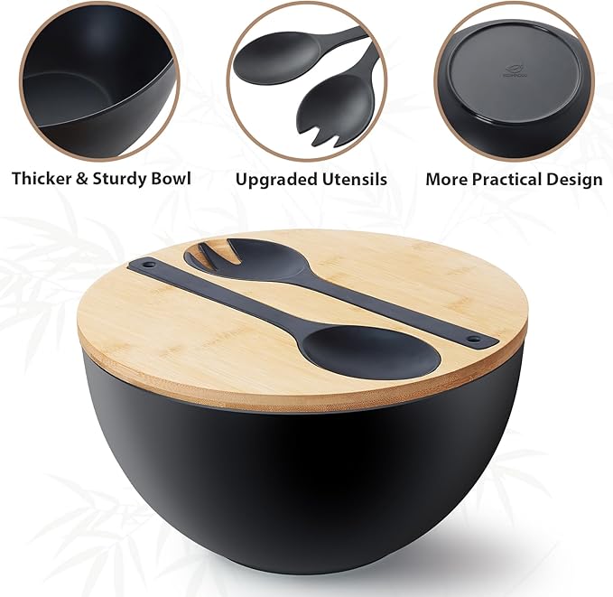 ECOHAGOU 12.6" Extra Large Salad Serving Bowl Set with Wooden Lid&Utensils, 8.4Qt., Bamboo Fiber Salad Bowl with Servers for Kitchen, Big Bowl for Mixing Salad,Fruit,Pasta (Matte Black)