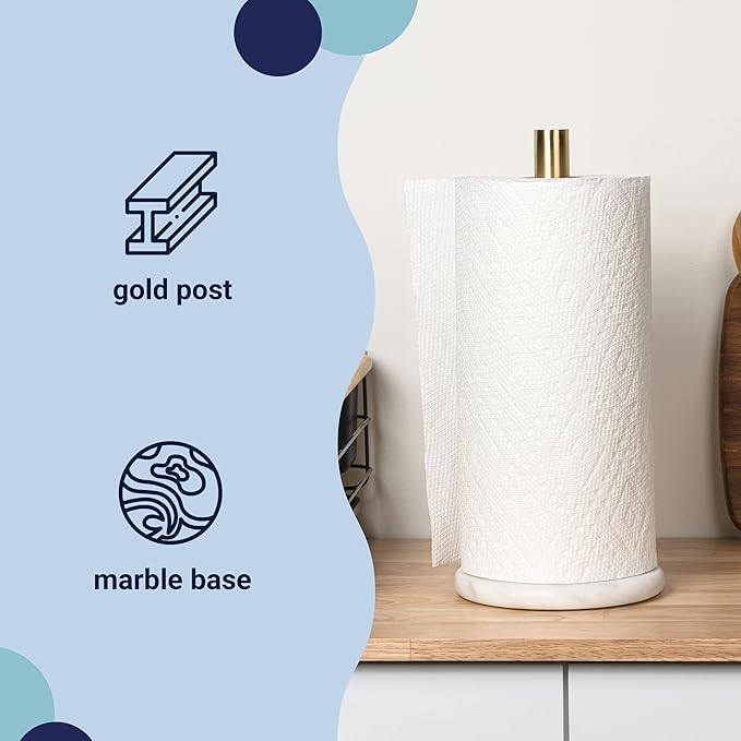 happimess PRH2000D Avery Modern Classic Metal with Non Slip Weighted Marble Base Paper Towel Holder, for Bathroom Kitchen Countertop, Standard or Jumbo-Sized Roll Paper, White/Gold