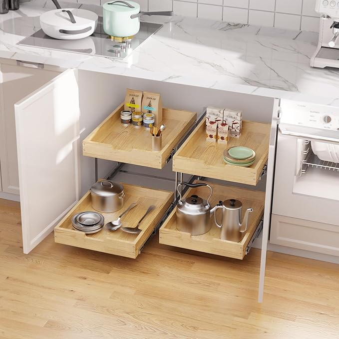 Sikarou Wood Pull Out Cabinet Organizer 2 Tie 20" W x 21" D, Heavy-Duty Sliding Drawers for Inside Cabinets Storage and Organization for Kitchen, Pantry, Bathroom
