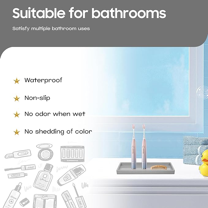 Mriluvy Vanity and Bathroom Tray, 6.3" ABS Countertop Organizer,Waterproof Vanity Tray for Toilet Tank,Perfume,Soap,Keys,Bathroom Accessories,Kitchen and Bath Trays,Non Slip Small Trays,Gray