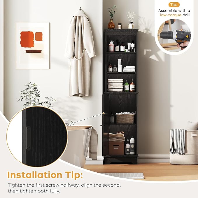 Viroformo Narrow Bathroom Storage Cabinet with Door and Open Adjustable Shelves, 60.9" H Wooden Tall Tower Corner Farmhouse Cabinet, Freestanding Organizer for Kitchen, Entryway Black