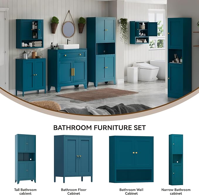 YAUWOH Metal Pantry Storage Cabinet, 69" Tall Storoge Cabinet with 4 Doors & 3 Adjustable Shelves, Microwave Stand with Storage for Kitchen, Dining Room, Living Room (1PC,Blue)