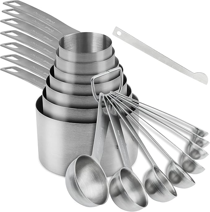 Smithcraft Measuring Cups and Spoons Set, Stainless Steel Measuring Cups, 18/8(304) Material Heavy Duty 7 Measuring cups and 8 Measuring Spoons 1 Leveler and 2 rings