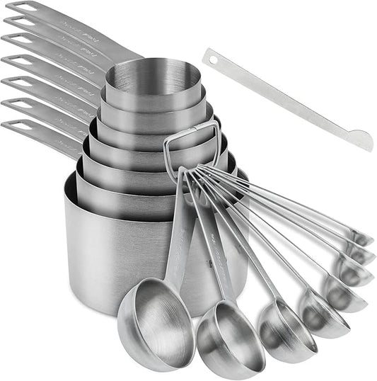 Smithcraft Measuring Cups and Spoons Set, Stainless Steel Measuring Cups, 18/8(304) Material Heavy Duty 7 Measuring cups and 8 Measuring Spoons 1 Leveler and 2 rings