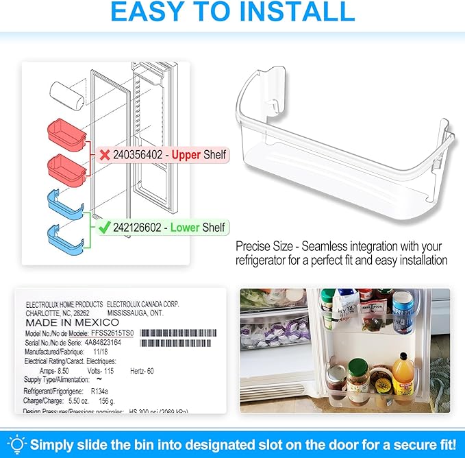 [2 PACK] UPGRADED 242126602 Refrigerator Door Bin Shelf Replacement For Frigidaire Door Shelf Replacement -LFSS2612TF0 LFSS2612TF4 Frigidaire Door Bin Bottom Shelf Parts 2421266 PS12364199 Shelves