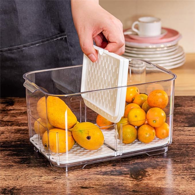 Lettuce Keeper Fridge Food Storage Container, Fresh Produce Saver Organizer Keeper Bins with Lids and Removable Drain Tray for Refrigerator Freezer Cabinet Kitchen 2800ML, 2 Pack