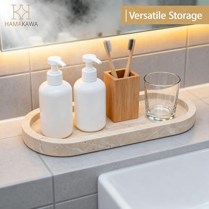 HAMAKAWA Bathroom Vanity Tray, Natural Marble Oval Sink Tray 10 inch, Beige Travertine Vanity Tray for Soap Dispenser Modern Countertop Organizer for Kitchen Countertops, Home Decor