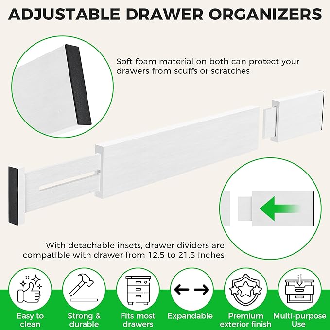 4 Pack Bamboo Kitchen Drawer Dividers with Inserts 2.6" High, Adjustable from 12.5 Inch to 21.7 Inch Drawer Organizers, Expandable Drawer Separators for Clothes, Bedroom, Dresser, Office (White)