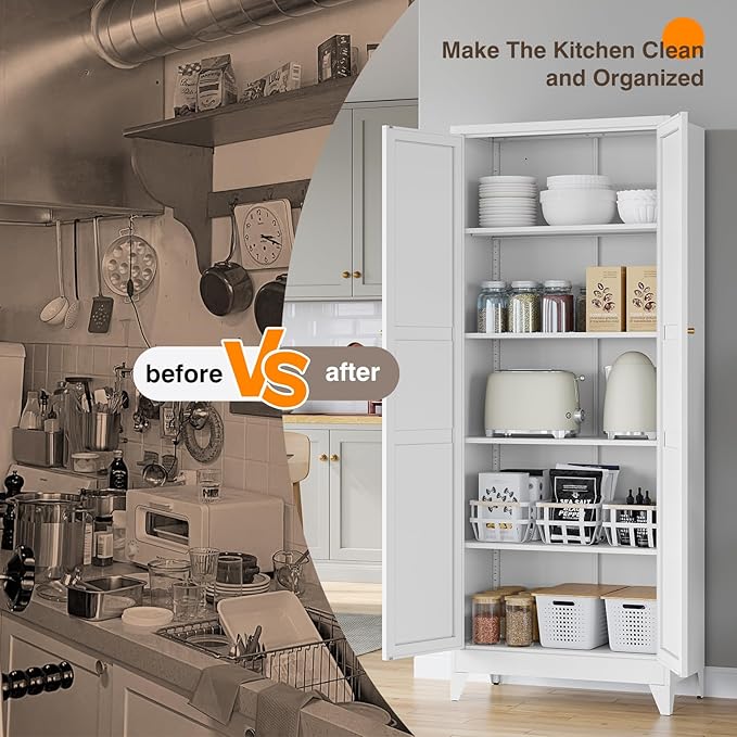 Yizosh Metal Pantry Cabinet, 75" Kitchen Pantry with 2 Door and 4 Adjustable Shelves,White Metal Pantry Storage Cabinet,Cupboard for Kitchen,Dining Room,Living Room and Bathroom