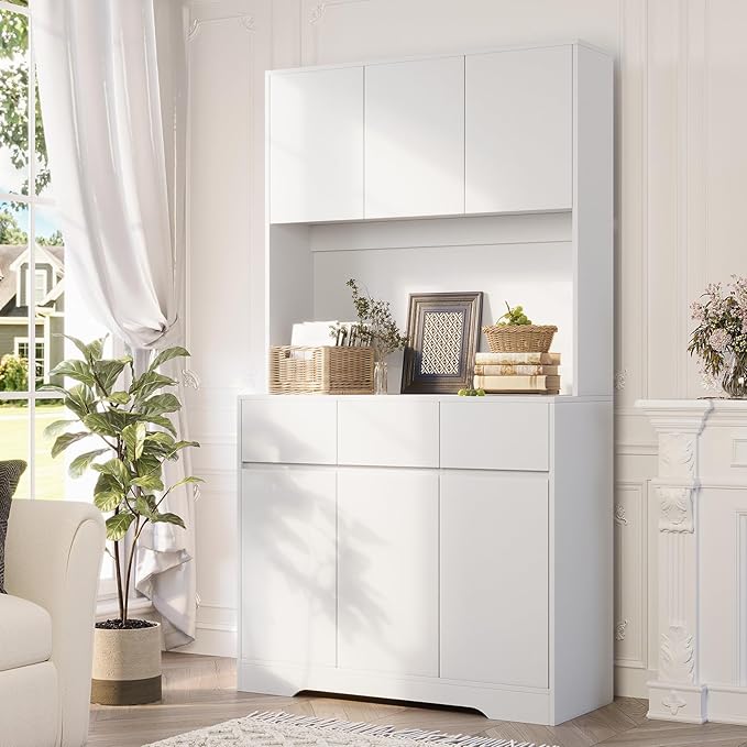 71" Pantry Cabinet with Charging Station and LED Lights, Tall Kitchen Pantry Storage Cabinet with Microwave Stand, Modern Hutch with Storage Drawers for Dining Room, Living Room (Milk White)