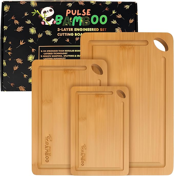 Bamboo Cutting Board Gift Set for Kitchen – Set of 3 Natural Bamboo Cutting Boards with Juice Grooves, Wooden Chopping Boards for Meat, Vegetables & Cheese, Durable Eco-Friendly Food Prep Board Set