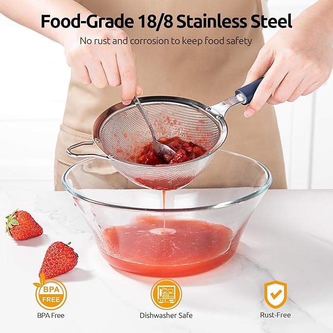 U-Taste Fine Mesh Food Strainer: 18/8 Stainless Steel 30 Mesh Kitchen Sieve with Sturdy Riveted Silicone Handle, Heavy Duty Deep Handheld Metal Colander (Small/3.35in+Medium/4.73, Midnight Blue)