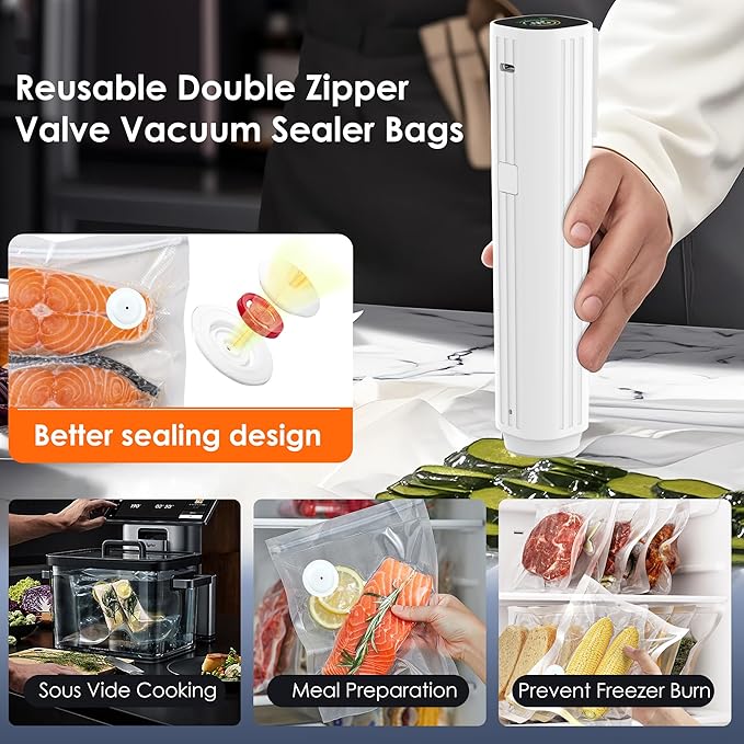 Compact Vacuum Sealer for Food (Contains 30 Reusable Seal Bags) Featuring LED Pressure Display, Ultimate Suction Power, Handheld Vacuum Sealer Machine, Portable Food Sealer