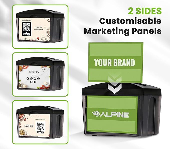 Alpine Tabletop Commercial Napkin Dispenser Restaurant Napkin Holder for Interfold Napkins with Condiment Holder & 2 Side Marketing Space Insert for Restaurants, Cafeterias, Food Trucks, Clubs - Black