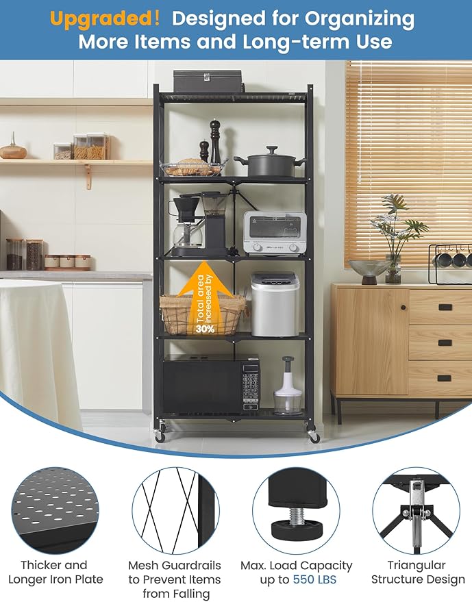 ALANNG 70.7" H Metal Storage Shelves, 5 Tier Folding Shelf on Wheels, Heavy Duty, No Assembly, Rolling, Collapsible Rack Unit for Kitchen, Basement, Pantry (Black,4 Pack)