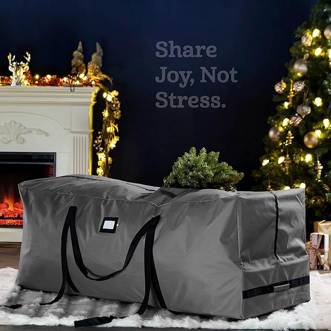 ZOBER 600D Oxford Fabric Rolling Christmas Tree Storage Bag - Fits 7.5 Ft Artificial Trees - Waterproof Christmas Tree Bag For Storage Box For Xmas, Durable Handles and Wheels - Card Slot - Gray